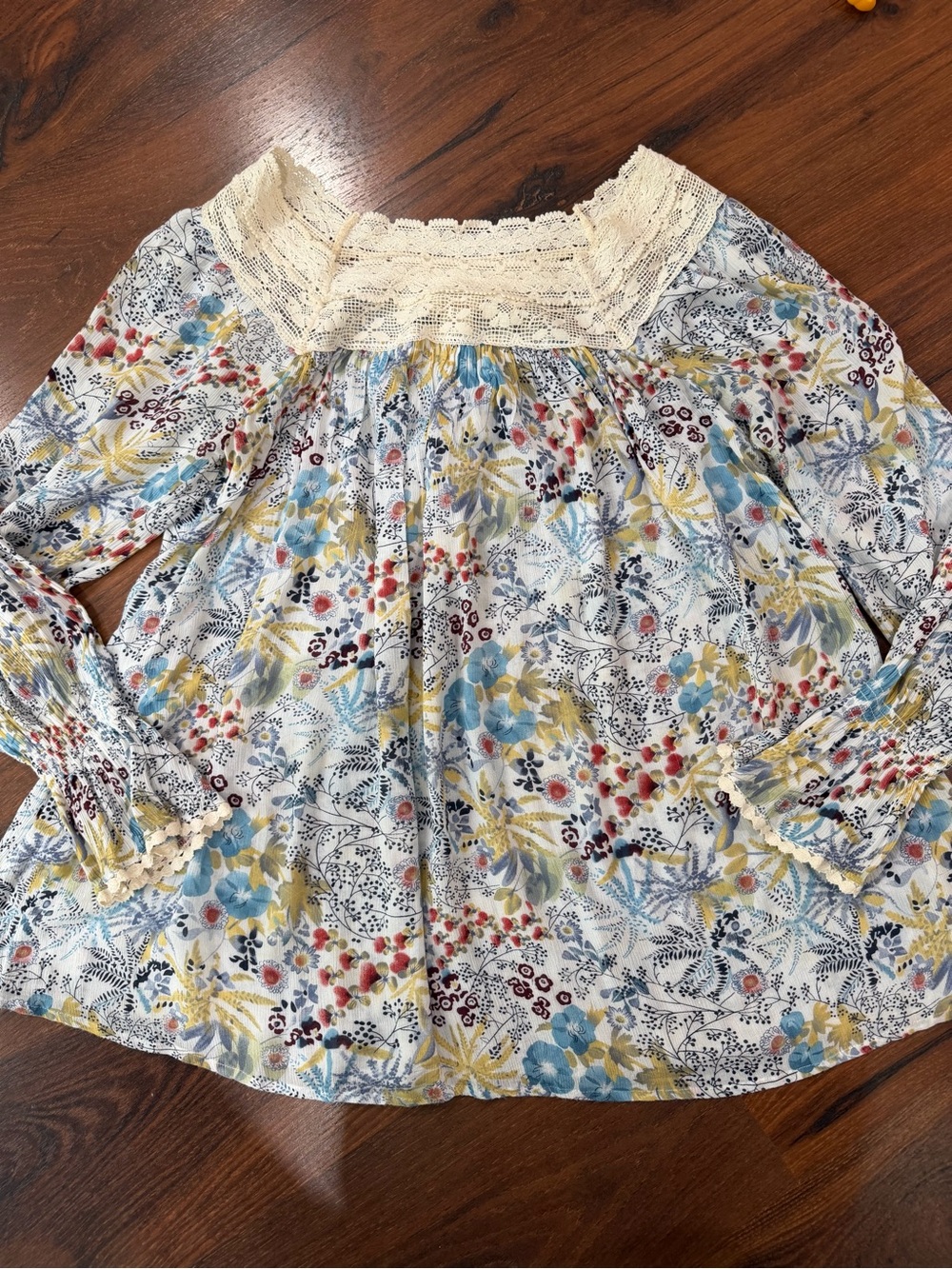 Sundance Peasant Blouse Small Floral Lace Long Sleeve BOHO Prairie Cottagecore